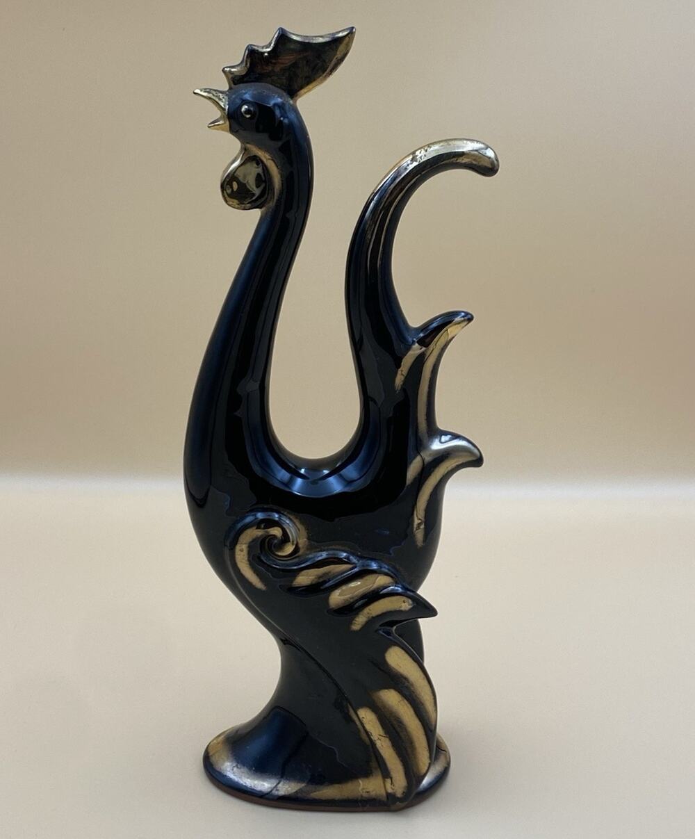 VinBlack & Gold Ceramic Rooster Chicken Figurine w/ Metallic Accents, 11 in Tall